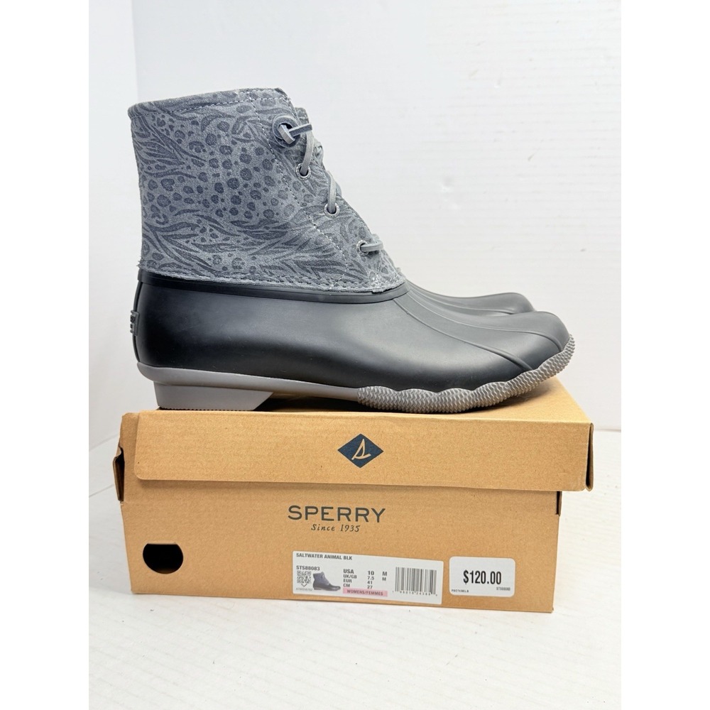 Sperry Saltwater Animal Print Duck Boots Women's 10 Gray Black STS88083 Box
